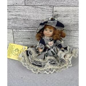 Vintage GANZ FANCY FRIENDS BISQUE MINI 3.5” JOINTED DOLL, DRESS, BONNET TAG CUTE